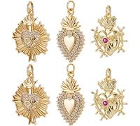 Beebeecraft 6 pcs/Boîte 3 Style Sacré Coeur Charms en Laiton Plaqué Or 18K Saint Valentin Coeur Charms avec Cubic Zirconia pour la Fête des Mères DIY Collier Bracelet