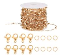 Beebeecraft Chaînes Plaquées Or 32.8 carats de 18 pied pour la Fabrication de Bijoux Chaîne de Câble à Maillons Perlés avec 20 fermoirs à Pince de Homard et 50 anneaux de Saut