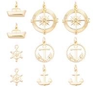 Beebeecraft Lot de 10 breloques nautiques plaquées or 18 carats pour travaux manuels, motif ancre de bateau, gouvernail, marin, bateau, boussole pour la fabrication de bijoux, colliers, bracelets