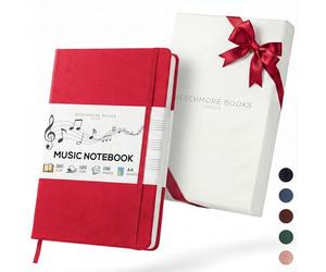 Beechmore Books Cahier de musique A4 (21,6 x 29 cm) - 156 pages, 120 g/m² | Couverture rigide simili cuir, portées perforées, ouverture à plat, coffret cadeau pour musiciens & compositeurs