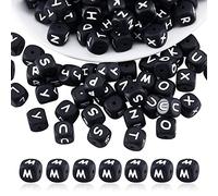 BEEFLYING 20 Pièces Perles en silicone pour lettres cubiques noires Perles alphabet dés carrés 12mm Perles d'espacement initiales à large trou pour la fabrication de porte-clés (Lettre M)