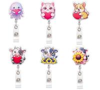 BEEFLYING 6 Pièces Adorable Porte-Badge à Enrouleur en Acrylique Enrouleur de Badge Rétractable Motif Animaux pour Accrocher Une Carte d'identité Un Permis de Travail des Clés