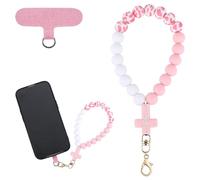 BEEFLYING Bracelet de Poignet pour Téléphone en Silicone avec Perles et Croix, Lanière pour Téléphone Portable avec Attache, Bracelet Élastique Mains Libres pour Téléphone et Porte-Clés (Rose Blanc)