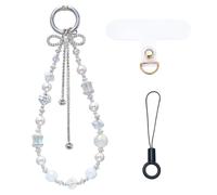 BEEFLYING Chaîne de Téléphone Portable avec Pendentif Nœud Blanc Bracelet en Perles Lanière Dragonne Perlée en Cristal pour Porte-Clés Sac Étui D'Écouteurs Décoration