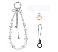 BEEFLYING Chaîne de Téléphone Portable avec Pendentif Nœud Rose Bracelet en Perles Lanière Dragonne Perlée en Cristal pour Porte-Clés Sac Étui D'Écouteurs Décoration