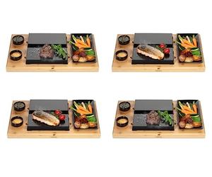 BEEFSTONE Due Hot Stone Steak Make, Lot de 4 planches à steak en pierre de lave avec plateau en bambou et assiette en porcelaine