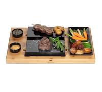 BEEFSTONE Due Hot Stone Steak Maker Plaque de pierre pour barbecue en bois de bambou, steak en pierre de lave, raclette à pierre chaude, kit complet avec 8 pièces