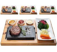 BEEFSTONE Lot de 4 planches à steak en pierre de lave et plaque en porcelaine, pour griller la viande, le poisson sur une pierre chaude