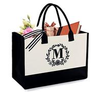 BeeGreen Sac en toile avec monogramme initiale avec poche intérieure zippée brodée pour maman, enseignante, amie, Naturel avec noir, X-Large, M