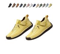 Beelovy Shoes for Men, Easestep Adjustable Leather Sneakers, Soft Comfort & Orthopedic Support, Slip on Lightweight Loafers (Yellow,45)