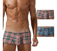 BEEMEN Boxer taille basse en coton pour homme - Mini coupe ajustée - Non extensible - Design à carreaux - Sous-vêtement avec ouverture, Lot de 2, L