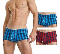 BEEMEN Boxer taille basse en coton pour homme - Mini coupe ajustée - Non extensible - Design à carreaux - Sous-vêtement avec ouverture, Lot de 2, L