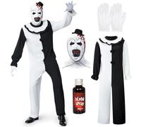 Beeoecm Costume Clown Tueur, Déguisement Clown Horreur Homme, Halloween Costume Terrifier Art the Clown Homme avec Combinaison Noire Blanche et Chapeau de Clown Masque pour Halloween Carnaval (XL)