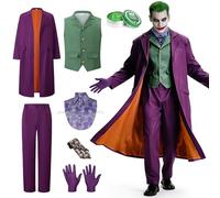 Beeoecm Déguisement joker-Homme, Ensemble de Costume joker-Tueur Horreur Killer Clown Adulte avec Manteau Violet, Gilet Vert, Pantalon, Cravate, Faux Col de Chemise et Gants pour Halloween (XL)