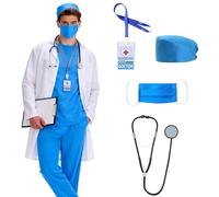 Beeoecm Déguisement Médecin Homme, 9 Pièces Ensemble Costume Chirurgien Hommes Déguisement Docteur Adulte avec Blouse de Médecin, Chapeau de Docteur et Stéthoscope pour Carnaval Halloween (M)