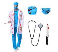 Beeoecm Déguisement Médecin Zombie Homme, Ensemble de Costume Chirurgien Zombie Horreur avec Blouse, Chapeau de Médecin, Masque de Docteur, Haut et Pantalon pour Halloween Carnaval (M)