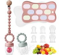 Beeoecm Tetine Grignoteuse Bébé, Sucette Fruit Bebe en 3 Tailles avec 2 pièces Mangeoire à Fruits en Silicone, 5 Tetines, Récipient de Stockage des Aliments, Chaîne de Tétine (Orange)