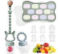 Beeoecm Tetine Grignoteuse Bébé, Sucette Fruit Bebe en 3 Tailles avec 2 pièces Mangeoire à Fruits en Silicone, 5 Tetines, Récipient de Stockage des Aliments, Chaîne de Tétine (Vert)