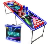 Beer Pong® - Table Lumineuse avec Néons Rouges et Bleus + 120 Cups + 6 Balles - Table Pliable et Transportable avec Revêtement Etanche Anti-Rayures - Jeu de Biere Pong