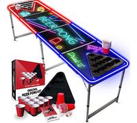Beer Pong® - Table Lumineuse avec Néons Rouges et Bleus + 22 Cups + 2 Racks + 4 Balles - Table Pliable et Transportable avec Revêtement Etanche Anti-Rayures - Jeu de Biere Pong