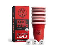 BeerBaller Lot de 25 gobelets rouges avec logo et 3 balles | Passe au lave-vaisselle et réutilisable | 473 ml - Gobelets de fête rouges | Gobelet de fête américain original