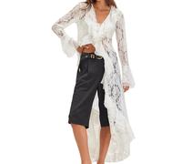 BeerMmay Cardigan kimono en dentelle et maille fluide à nouer sur le devant, manches longues et volants pour femme, blanc, L