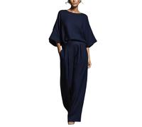 BeerMmay Costume en lin à manches longues évasées pour femme - Couleur unie - Manches 3/4 - Col bateau - Col en V - Boutons - Pantalon large, bleu marine, XL