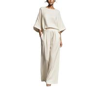 BeerMmay Costume en lin à manches longues évasées pour femme - Couleur unie - Manches 3/4 - Col bateau - Col en V - Boutons - Pantalon large, blanc, S