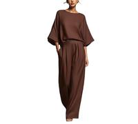 BeerMmay Costume en lin à manches longues évasées pour femme - Couleur unie - Manches 3/4 - Col bateau - Col en V - Boutons - Pantalon large, café, M
