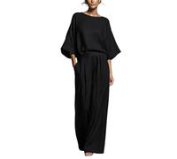 BeerMmay Costume en lin à manches longues évasées pour femme - Couleur unie - Manches 3/4 - Col bateau - Col en V - Boutons - Pantalon large, Noir , XL