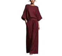 BeerMmay Costume en lin à manches longues évasées pour femme - Couleur unie - Manches 3/4 - Col bateau - Col en V - Boutons - Pantalon large, rouge vin, L