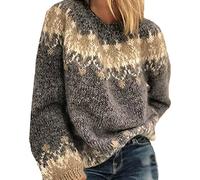 BeerMmay Femmes Automne Hiver Col Rond Casual Lâche Mohair Tricot épais Jacquard Femmes Pull, Gris, UK7 / 41EU / US8