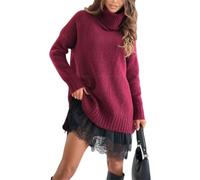 BeerMmay Mini robe pull à col roulé pour femme, combinaison de dentelle à col roulé pour femme, robe élégante de couleur unie avec bordure en dentelle, rose rouge, M