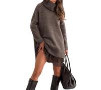 BeerMmay Mini robe pull à col roulé pour femme, combinaison de dentelle à col roulé pour femme, robe élégante de couleur unie avec bordure en dentelle, marron, M