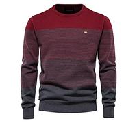 BeerMmay Pull-over contrasté à rayures pour homme - col rond étroit, haut décontracté, rouge, XXL