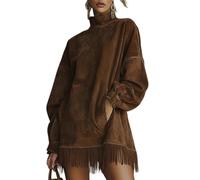 BeerMmay Robe à col roulé en faux daim avec ourlet à franges, mini robe ballon ample à manches longues pour femme, patchwork vintage, café, 3XL