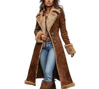 BeerMmay Trench d'hiver doublé Sherpa en faux daim pour femme, revers cranté à double boutonnage, bordure en peluche épaisse et chaude, marron, M