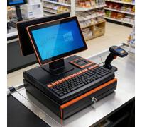 BEESOM Caisse Enregistreuse Professionnelle,Imprimante Thermique,15,6" Écran Tactile Pliable Multi-Angle,4G+128Go + Processeur Dual-Core, Scanner + Tiroir-Caisse,Supermarché/Café Double