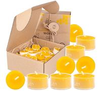 BeesWax World Lot de 10 à 50 bougies chauffe-plat en cire d'abeille avec mèches en coton - 4 heures de combustion - 10 à 50 pièces - Bougies en cire d'abeille avec plastique recyclé (16, Transparent)