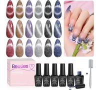 Beetles 9d Cat Eye Semi-Permanent Nail Polish, 6 Colours Set Of Holographic Laser Gels Red Navy Blue Purple Glitter Black, Dries Under Uv/Led Lamp Gifts For Women