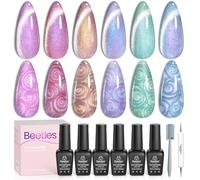 Beetles Cat Eye Vernis à ongles gel 6 couleurs scintillantes perles œil de chat violet doré bleu LED Automne Hiver Vernis à ongles pailleté avec aimant et stylo double face pour femme DIY Home