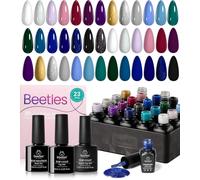 Beetles Gel Nail Polish Kit, 20 Pcs Celestial Collection Soak Off Nail Gel Black Polish White Blue Glitter Gel Polish Starter Kit With Gel Base Top Coat Brushes Stickers Rhinestone Gel Essential Kit