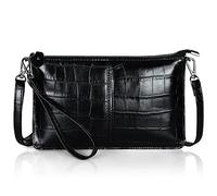 befen Petit sac à bandoulière en cuir véritable pour femme avec dragonne, Cuir crocodile noir