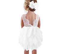 Beganly Robe de Fête Pour Fille - Dentelle, Dos en V, Sans Manches, Moelleuse, Tulle - Robe de Princesse et Demoiselle d'Honneur, Blanc Multicouche, 7-8 Ans