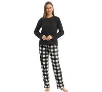 BEGIANT Ensemble Pyjama Femme Hiver en Polaire Doux Pyjama Chaud 2 Pièces Manches Longues à Carreaux Vêtement de Nuit Confortable pour Dormir Relaxation à la Maison,Gris,S