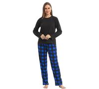 BEGIANT Ensemble Pyjama Femme Hiver en Polaire Doux Pyjama Chaud 2 Pièces Manches Longues à Carreaux Vêtement de Nuit Confortable pour Dormir Relaxation à la Maison,Bleu,S