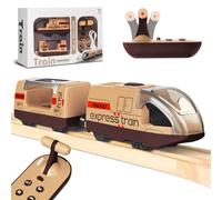 Beginreally Train électrique Télécommandé pour Rails en Bois, Train motorisé avec 4 Effets Sonores et Lumineux pour Les Enfants de 3 4 5+ Ans, Compatible avec Thomas,Brio,Chuggington (Brun)