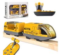 Beginreally Train électrique Télécommandé pour Rails en Bois, Train motorisé avec 4 Effets Sonores et Lumineux pour Les Enfants de 3 4 5+ Ans, Compatible avec Thomas,Brio,Chuggington-Jaune