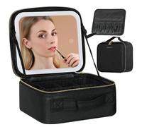 Behaesty Trousse de maquillage de voyage avec miroir éclairé à DEL, trousse de maquillage avec 3 réglages de couleur, étui de maquillage avec séparateurs réglables pour femmes, pinceaux de maquillage,