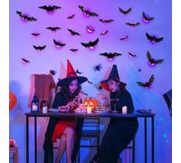 Behogan Décoration d'Halloween chauve-souris LED : lot de 24 autocollants chauve-souris violets, autocollants muraux 3D chauve-souris autocollants muraux avec batterie, pour la décoration intérieure